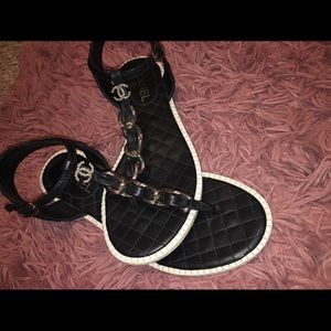 authentic chanel black chain thong sandals